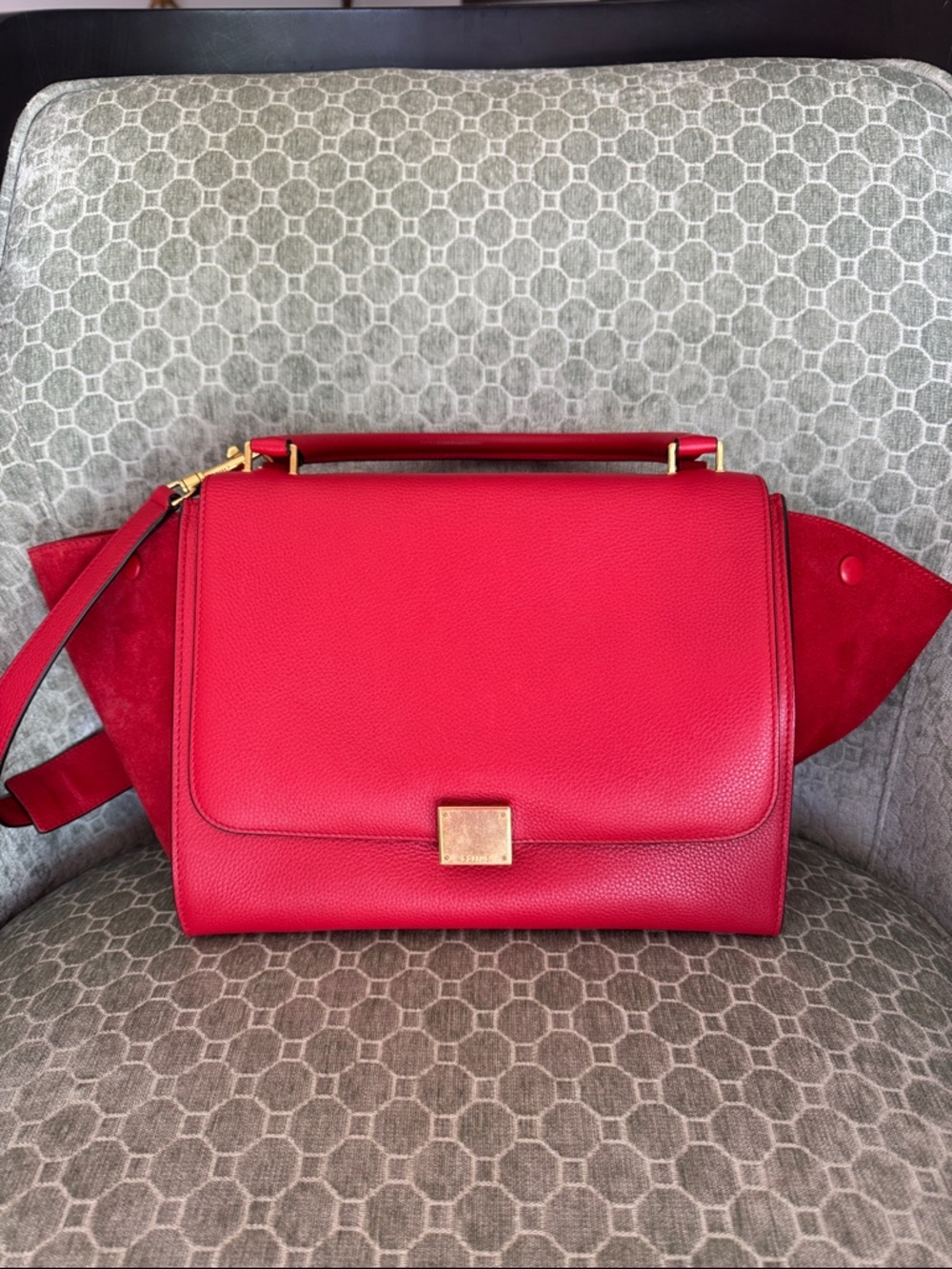 Celine Trapeze Medium Red Leather and Suede Shoulder Bag EUC Authentic